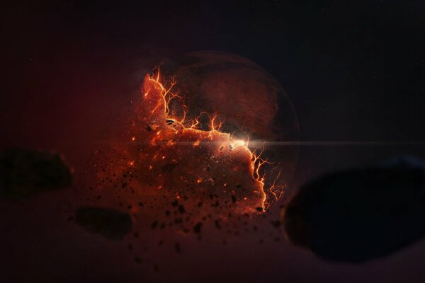 Nuage brûlant sous la forme d un cheval de feu debout sur les fragments d une planète morte
