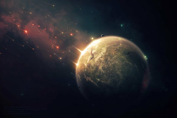 The planet is being bombarded by aliens view from the cosmos