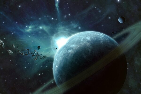 Планета с кольцом на фоне синего свечения и метеоритного скопления в космосе
