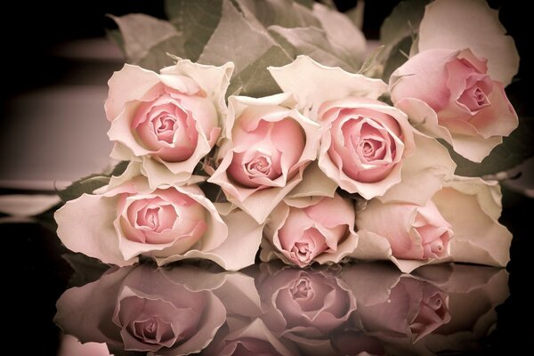 Bouquet of pink roses on the mirror