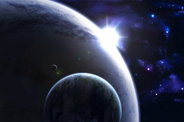 Planet Erde und Satellit Mond in a Hintergrund des Planeten und ein helles Leuchten im dunkelblauen Kosmos