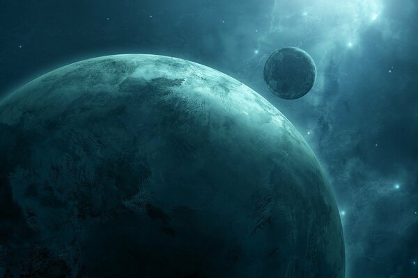 Il pianeta blu e il suo compagno nella luce soffusa della nebulosa