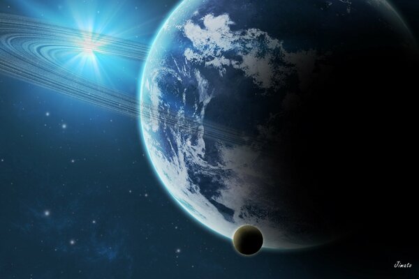 Космический пейзаж с планетой с кольцами и спутником