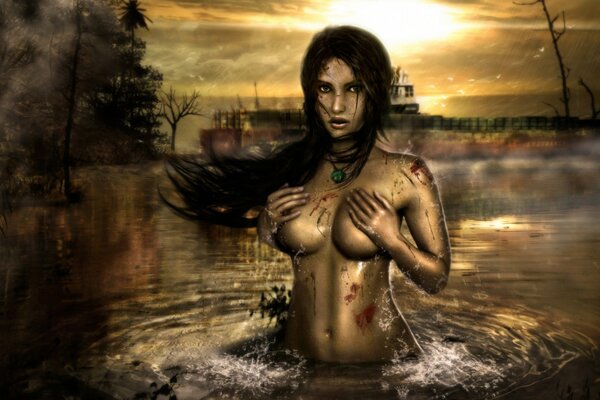 Chica desnuda en la sangre de pie en el agua