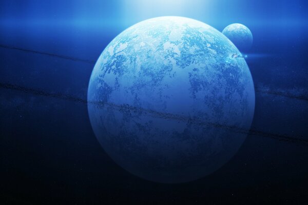 Ein unbekannter blauer Planet und sein Satellit