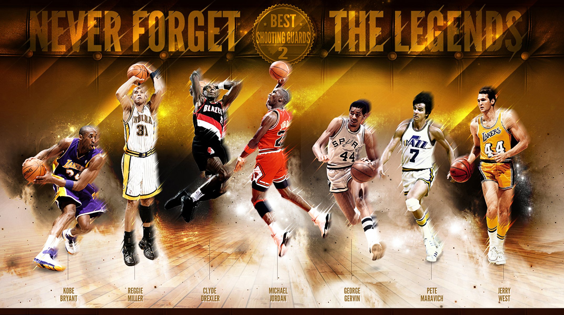 basket-ball sport nba légendes kobe bryant reggie miller clyde drexler michael jordan george gervin pete maravich jerry west