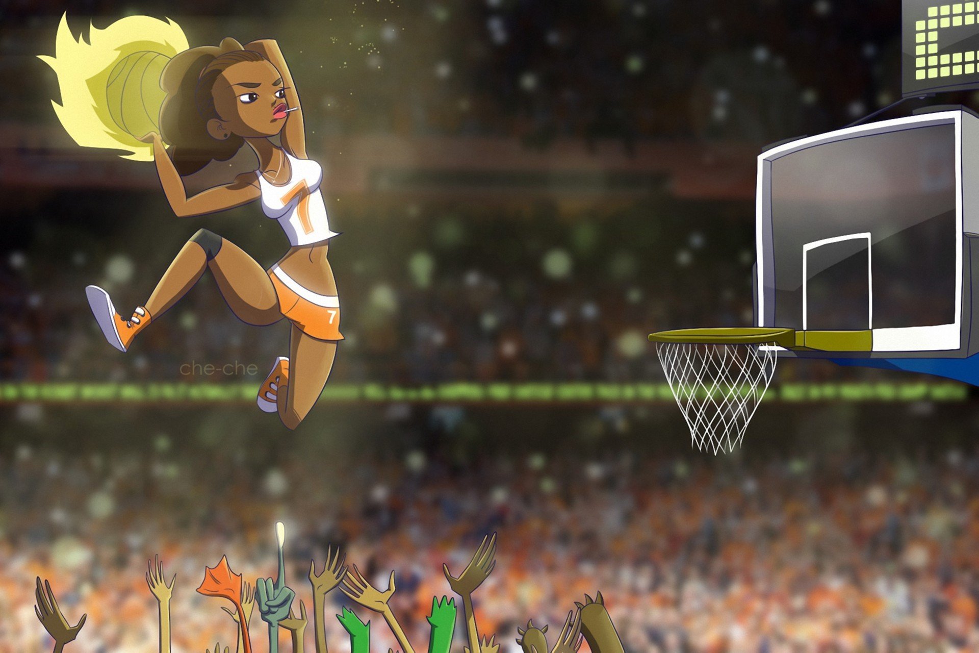 art che-che fille basket-ball panier balle mains saut