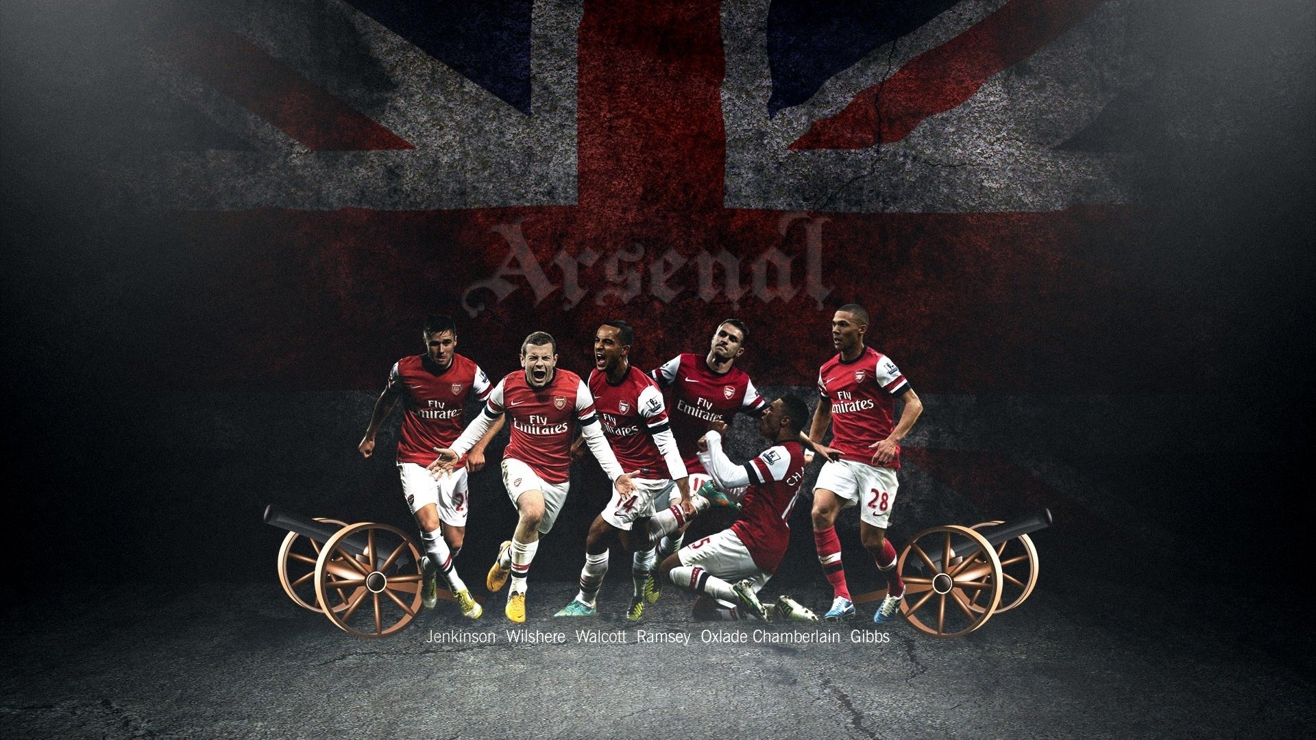 arsenal fußballverein gunners spieler engländer jenkinson jack wilshire theo walcott ramsey alex oxlade-chamberlain kieran gibbs flagge kanonen.hintergrund