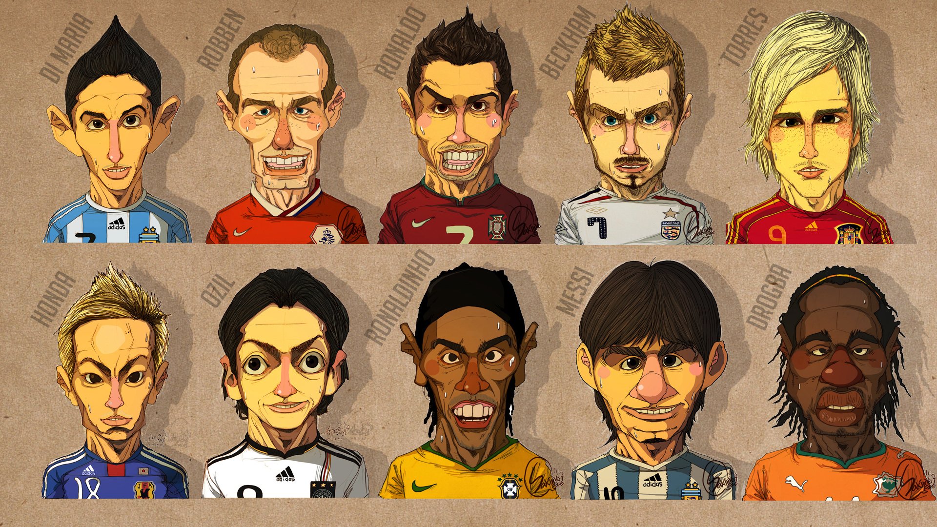 caricatures di maria robben ronaldo beckham torres honda ozil ronaldinho messi drogba visages