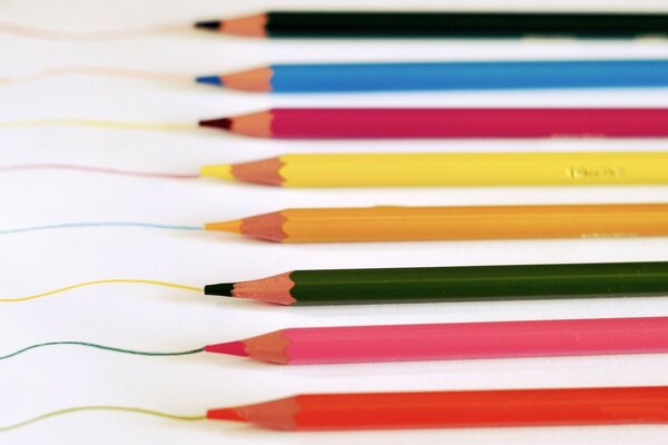 Eight colored pencils lying on a white background