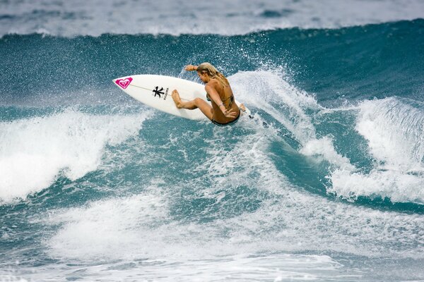 Surfing girls on a board in the ocean