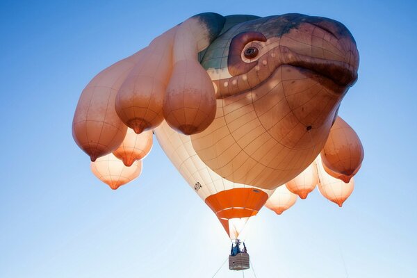 A ball in the shape of a fish flies in the sky