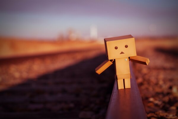 A lonely toy is walking on rails