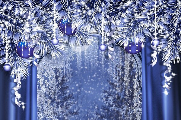 Рождественские украшения на синих шторах
