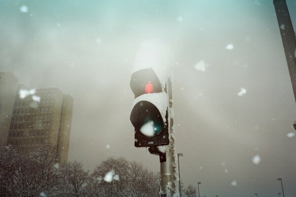 Red light on a snow-covered traffic light