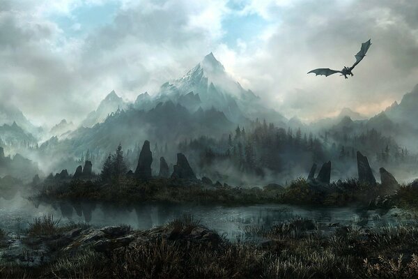 Flying dragon over the misty forest