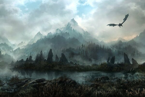 Dragón volador sobre el bosque de niebla
