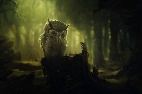 Owl and mouse nv stump in the ancient forest