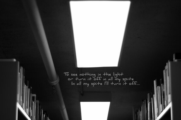 Armarios con literatura a los lados y luz en el techo y letras