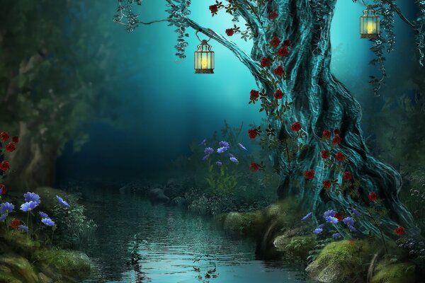 Таинственный вечерний лес из сказки