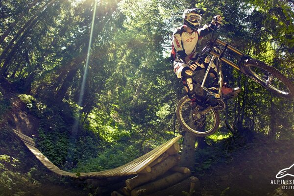 Obstacles in the forest on a bike, stunts