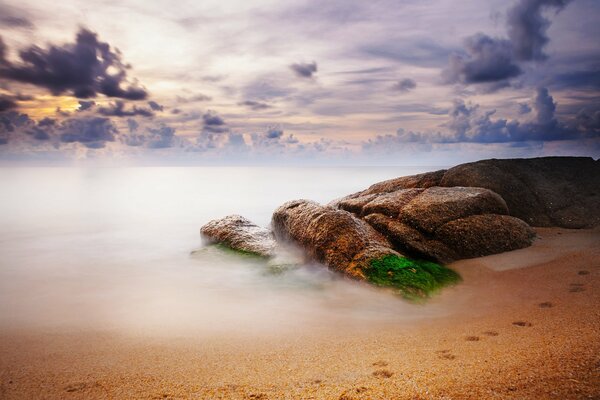 Thick Fog on a sandy and rocky beach