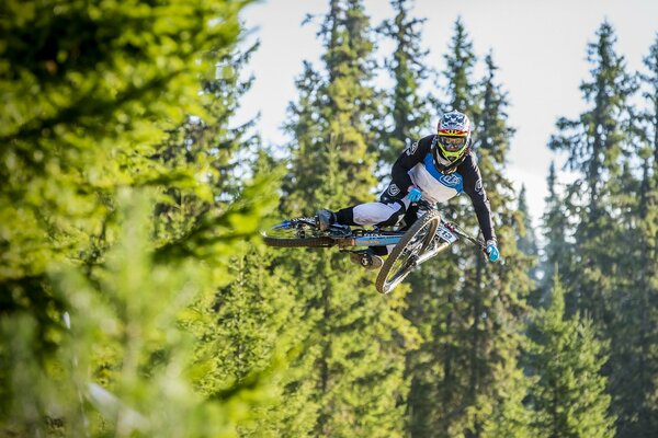 Athlète sur le vélo vole sur fond d arbres