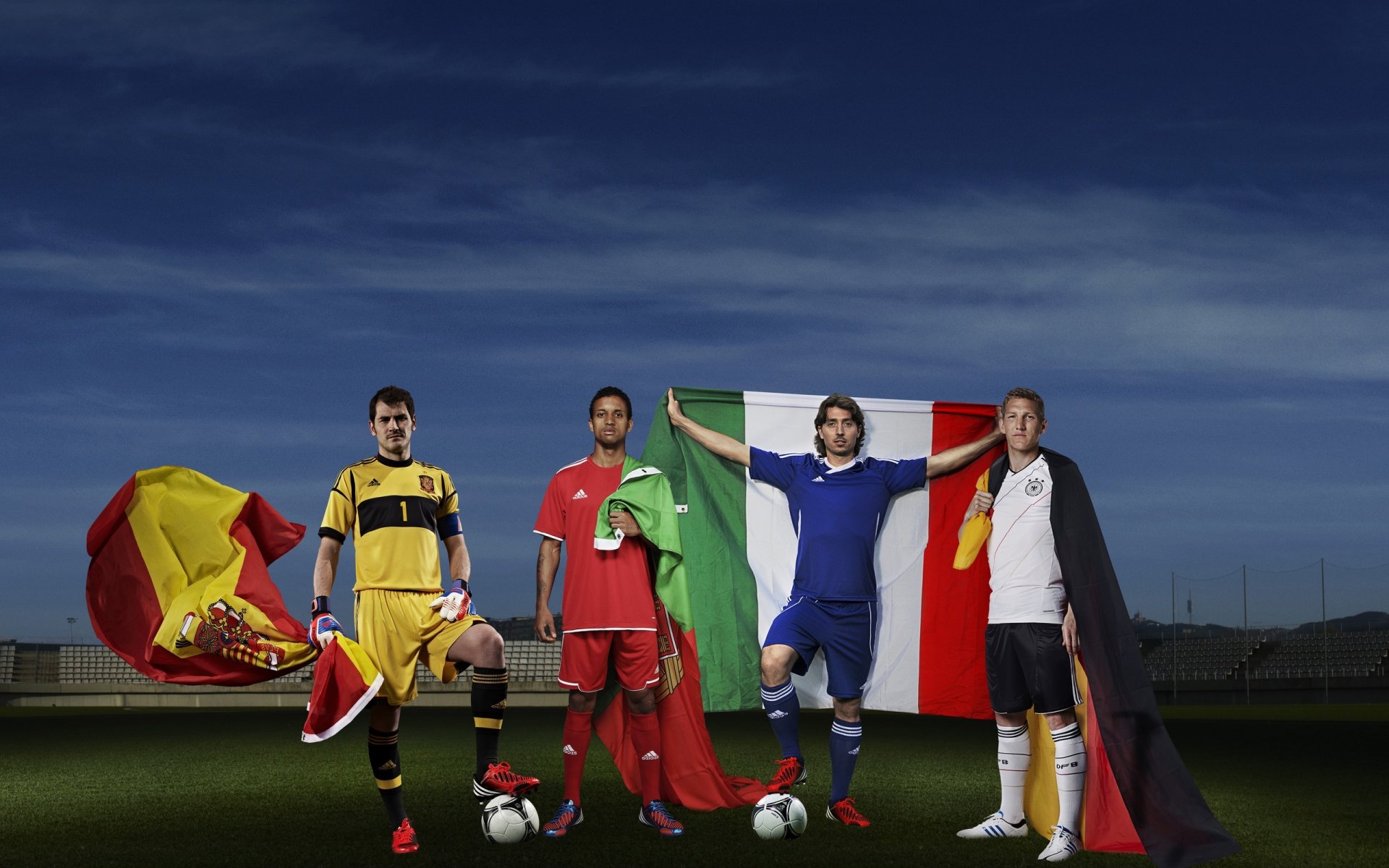 euro 2012 football espagne italie allemagne portugal demi-finalistes adidas sport casillas iker bastian schweinsteiger montolivo nani euro 2012 championnat adidas joueurs de football drapeaux iker casilla