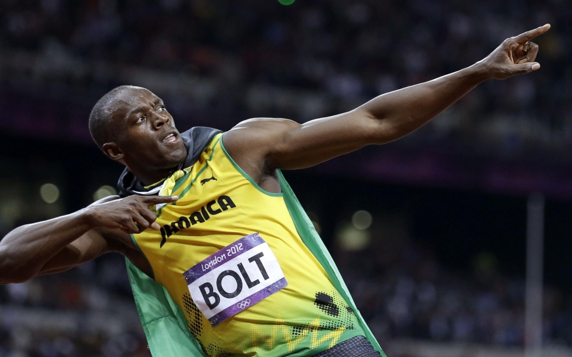 usain bolt männlich athlet sprinter läufer weltmeister olympiasieger leichtathletik männer jamaika olympische sommerspiele 2012 london 2012 london 2012 geste hintergrund