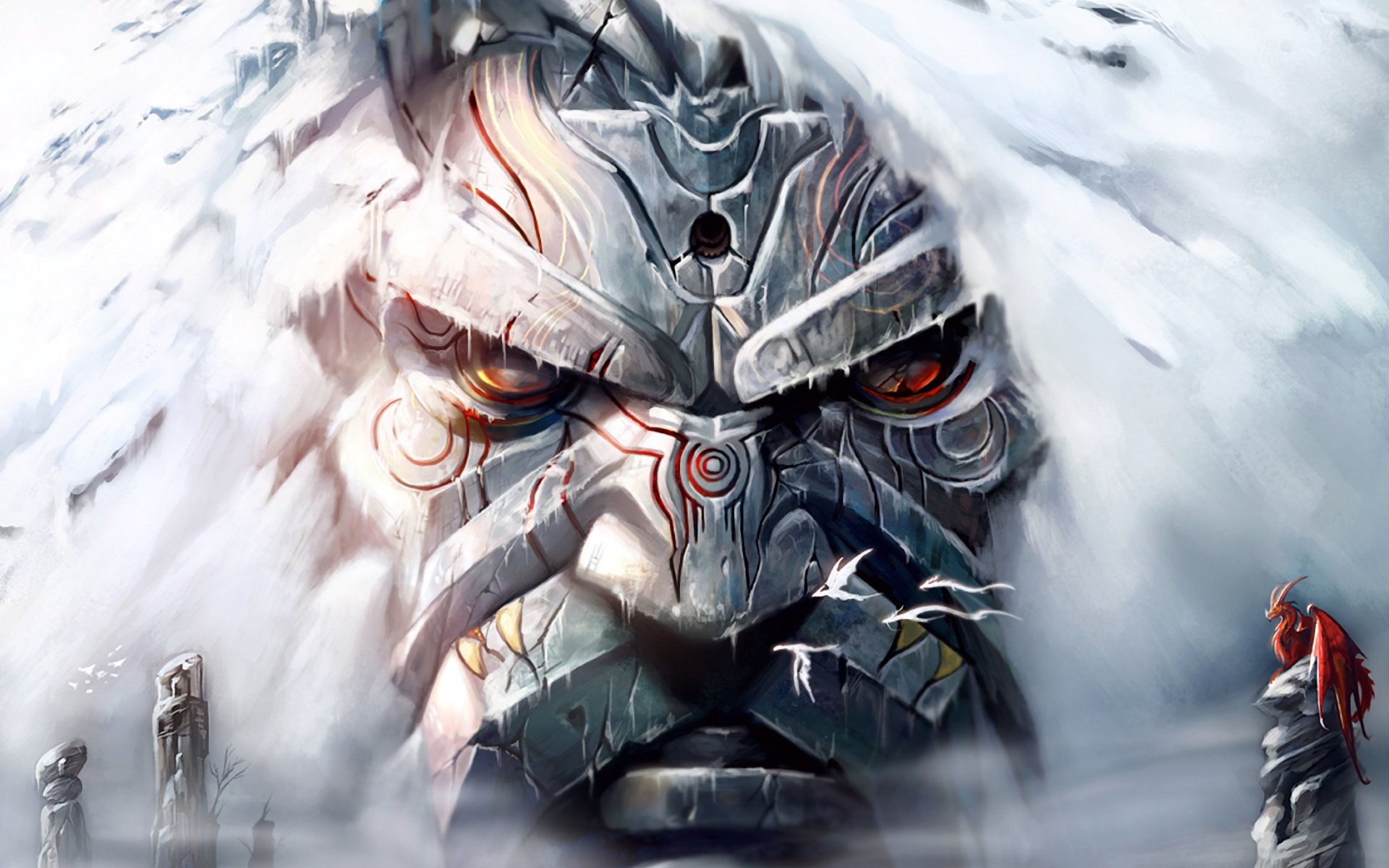 visage dragon neige runes gardien art rocher