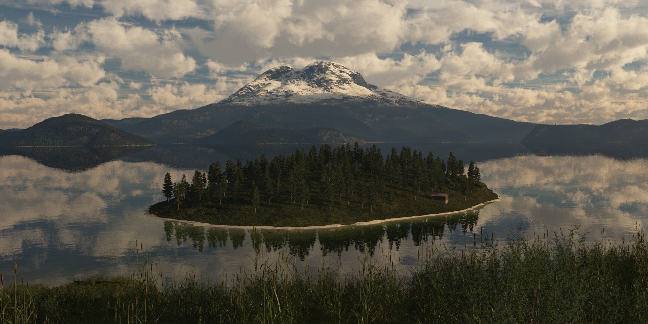 alberi montagna natura isola lago arte costruzione