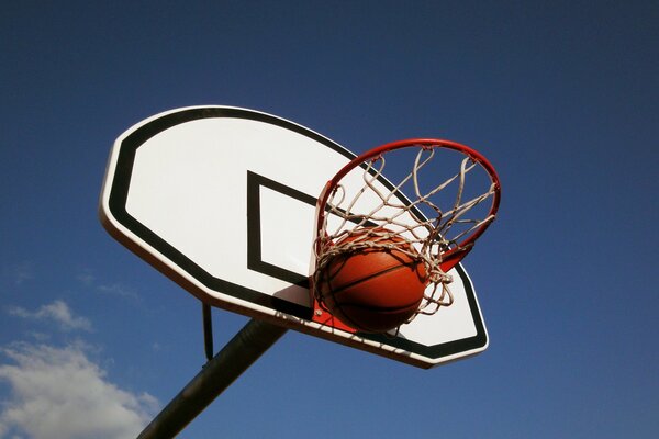 Basketball hoop with a ball on the sky background