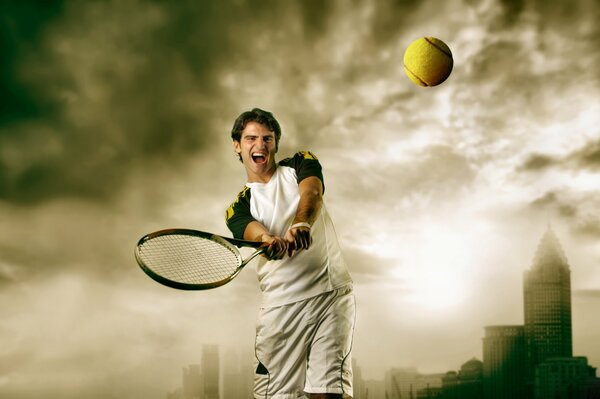 Joueur de tennis masculin avec une expression du visage satisfait frappé avec une raquette sur la balle