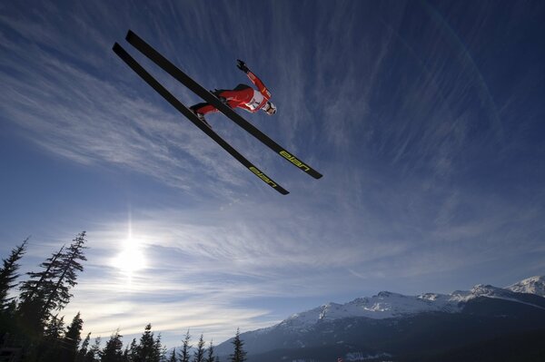 Jump from the tranpline winter mountains