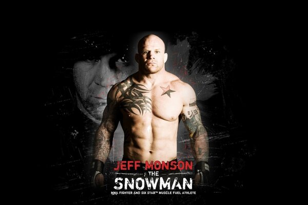 Jeff Monson on a black background with a naked torso in tattoos