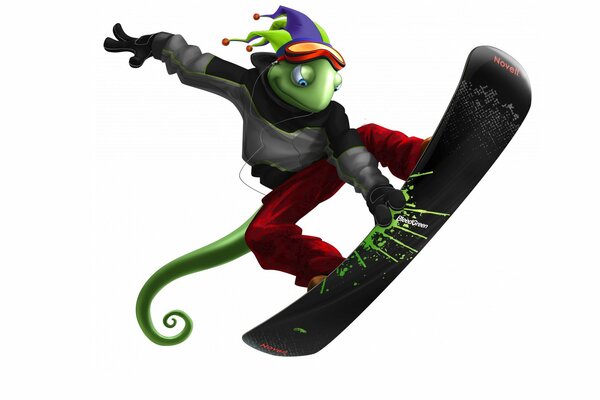 Snowboarder lézard dans un chapeau lumineux