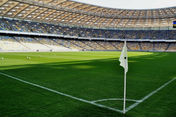 Stadio e campo con erba e bandiera nell angolo