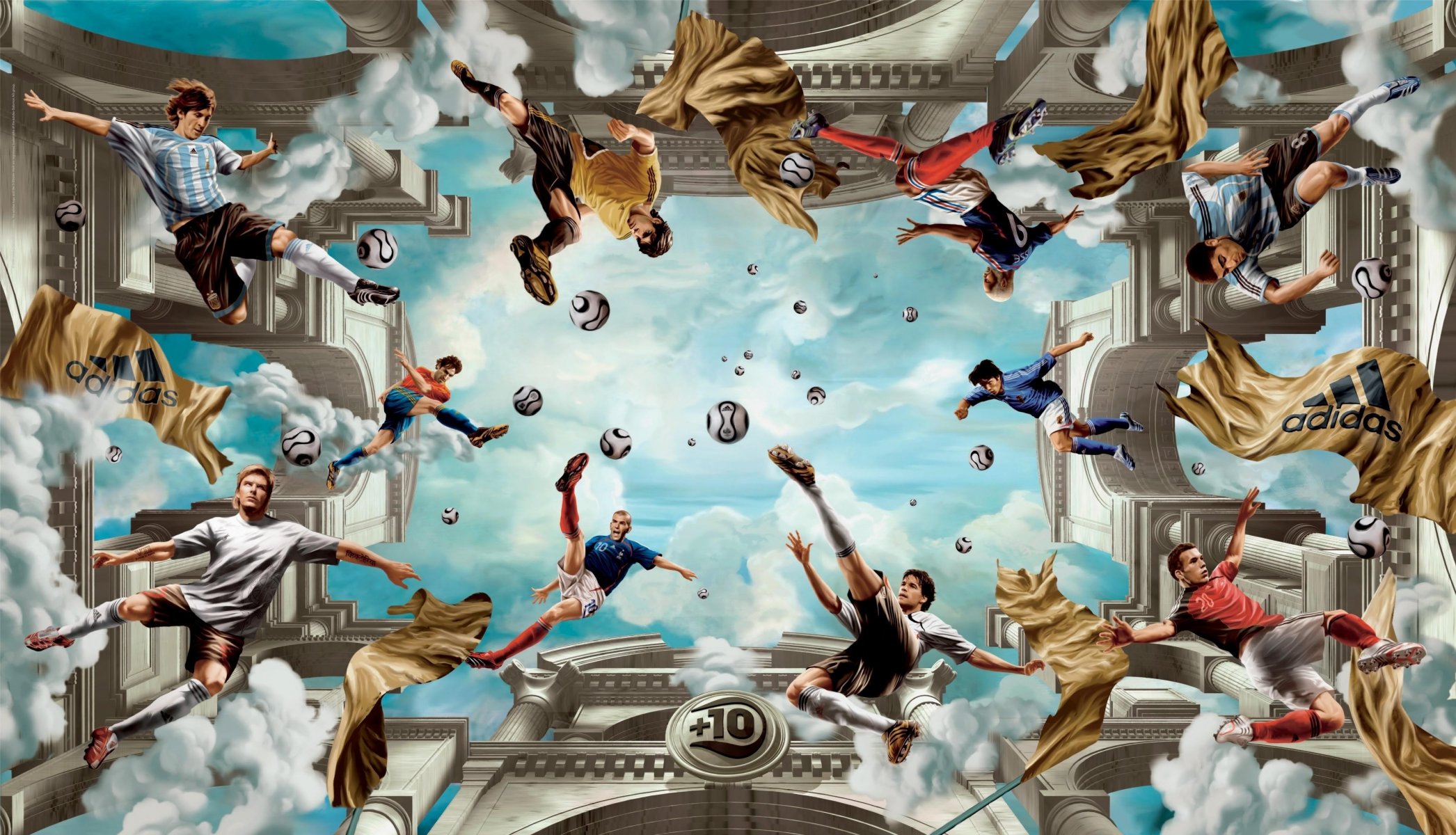 fußball adidas beckham messi kaka zidane ballack cissé jibril bälle wolken. himmel