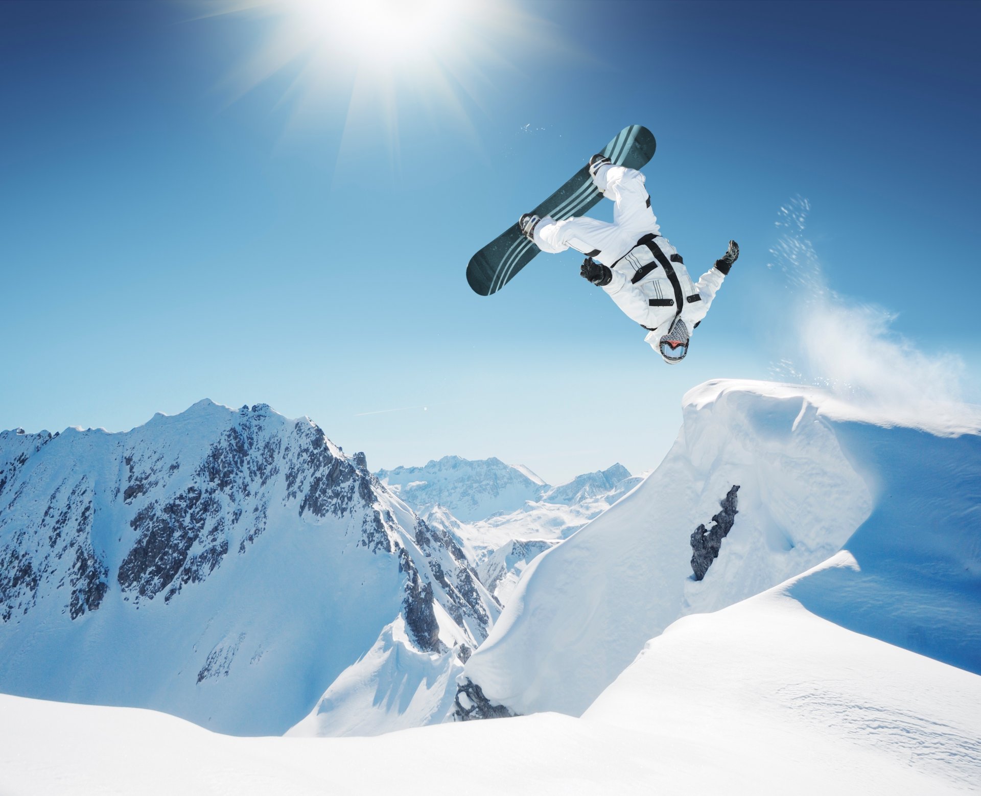 snowboard snowboard sport saut planche hiver neige nature lunettes montagnes ciel nuages soleil flips fond d écran