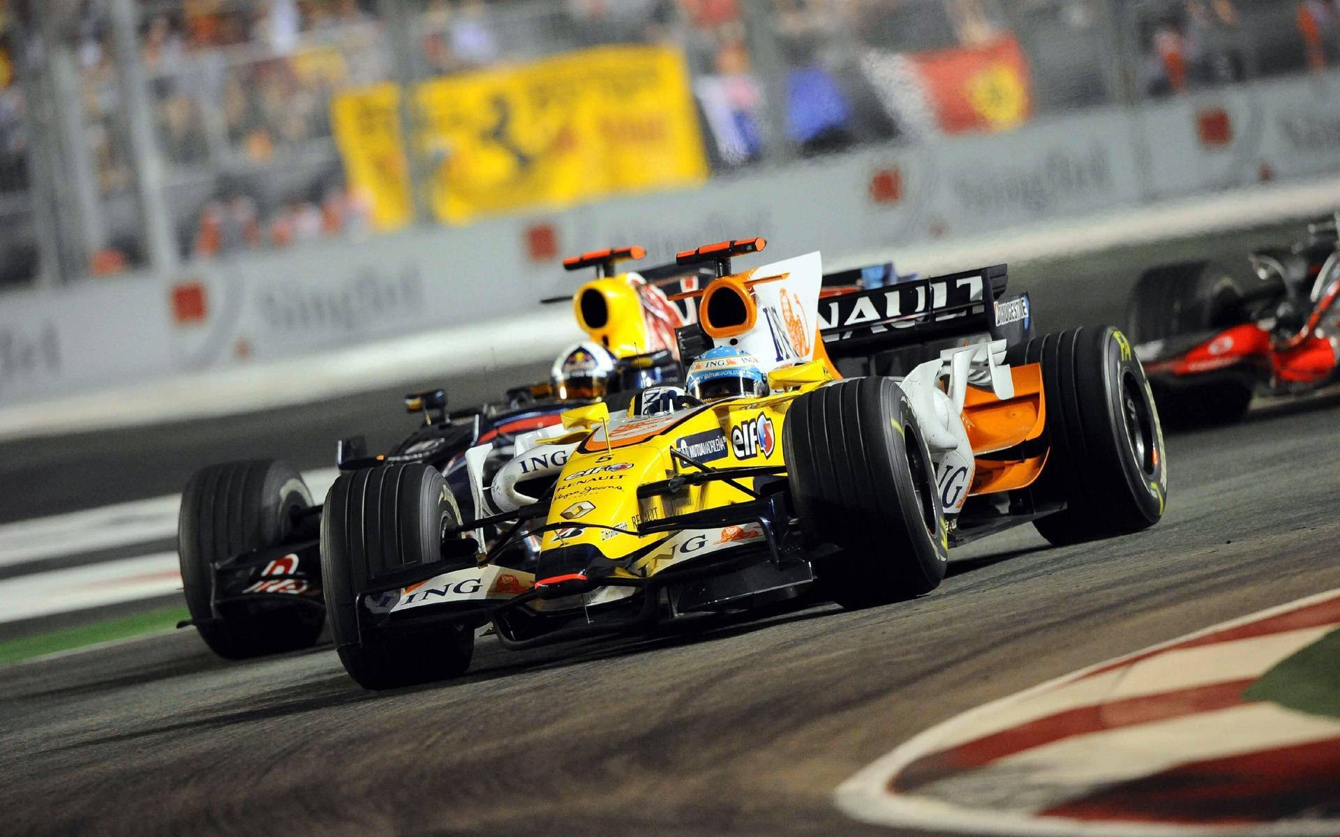 formula 1 f1 formula 1 gara pista pista ing renault f1 team velocità auto renault r28 fernando alonso gran premio di singapore 2008 circuito di marina bay street marina bay luci notte sport sfondi foto