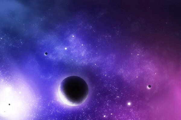 Фиолетовая туманность в космосе с планетами