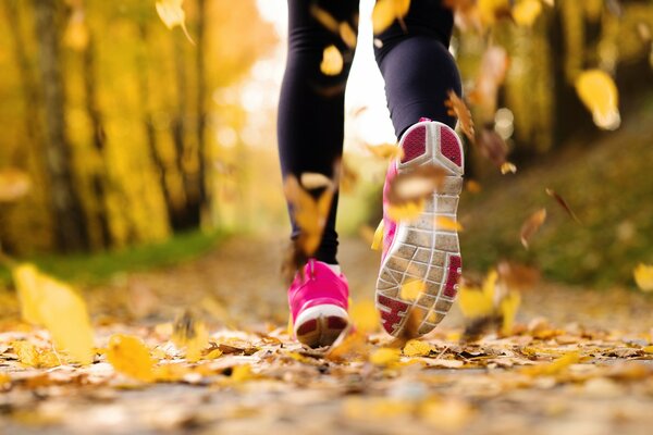 Sporty pink sneakers of a girl in an autumn park