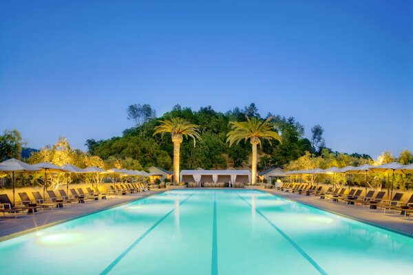 Blue pool with palm trees and lights