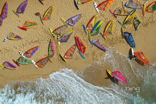 Hawaii beach, top view of waves and sand