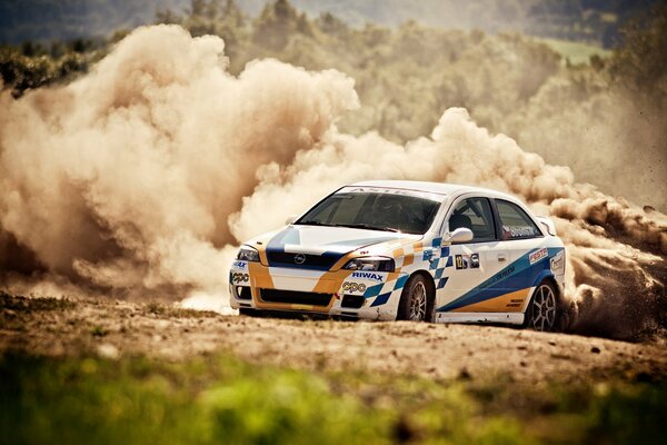 A driving sports racing car raises clouds of dust and smoke behind it