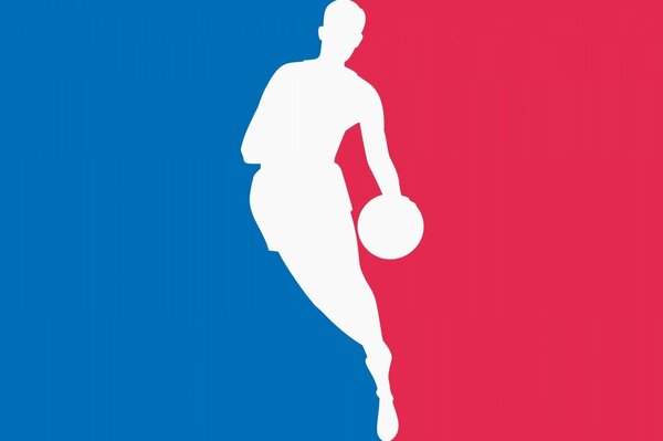 Emblème de basket-ball avec silhouette blanche sur fond rouge et bleu