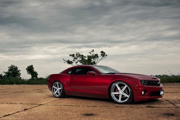 Vista laterale chevrolet Camaro rossa contro il cielo coperto