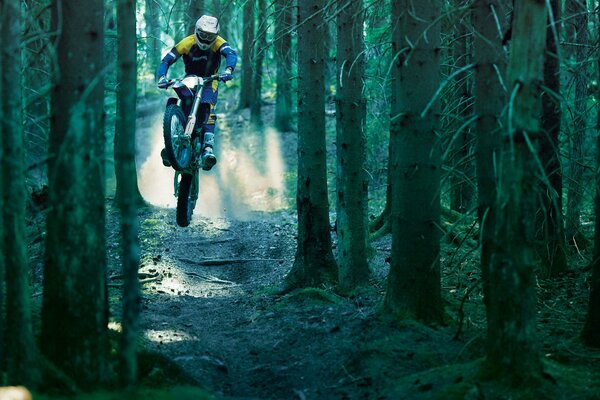 A motorcyclist on a bike rides in the woods