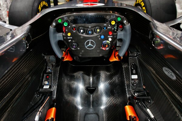 Steering wheel in a Formula 1 high-speed car