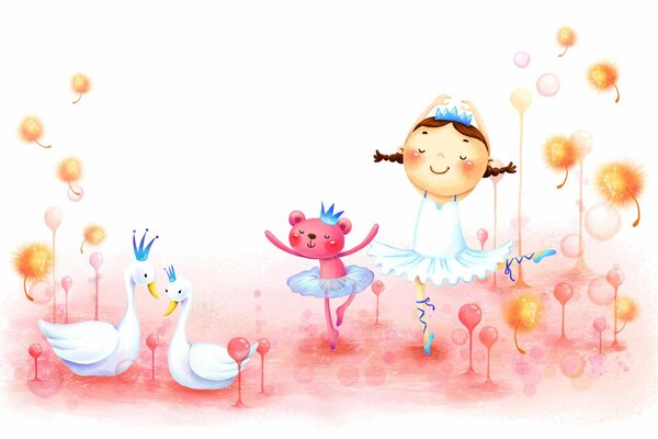 A fairy-tale drawing of a girl s childhood, swans and a small animal